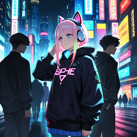  pink headphones 　 white hair　long hair　night　Cyberpunk city　 girls on the left　black hoodie　The color of the hem is pink and blue