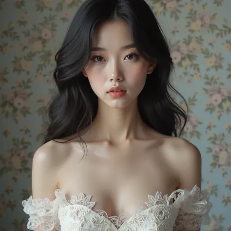 beautiful white young woman with black hair and medium breasts, young, face focus, fair skin, ball gown, detailed facial features, elegant posture, serene expression, 5K, high quality, masterpiece, photorealistic, physically-based rendering, extreme detail...