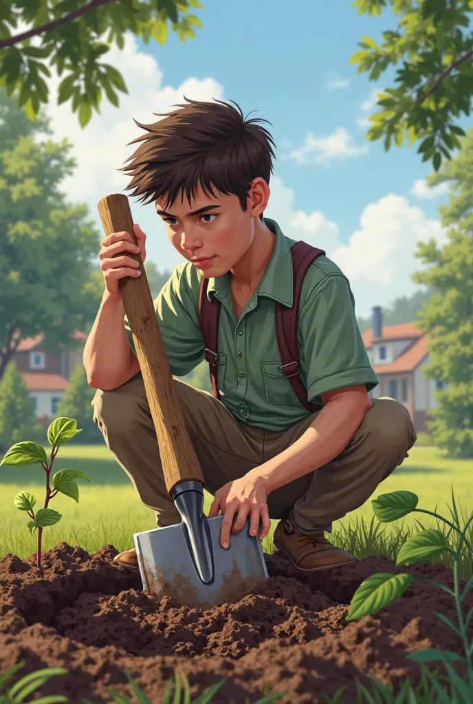 The student is shoveling the soil with a large shovel to plant a tree