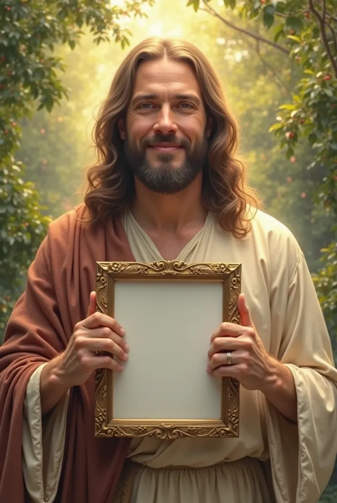 Smiling Jesus background is natural and jesus is holding empty photo frame