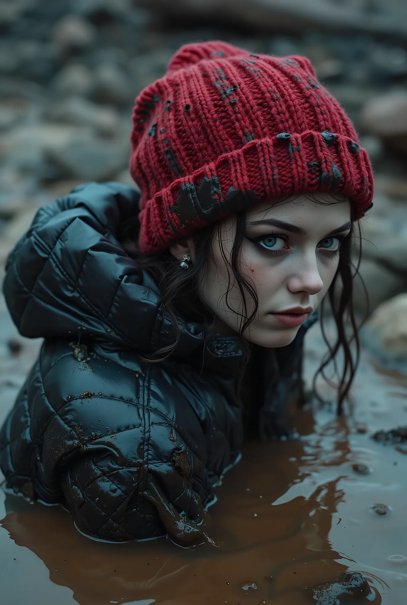 extremely detailed pale woman head in mud pit in washed dark lightweight down jacket,victim of the ritual, murky sludge drowned below mud pit,   fashion photo shoot, Poses,dark orgasm, Posing Sexually, provocative photo shoot ,  red green blue , knitted ha...