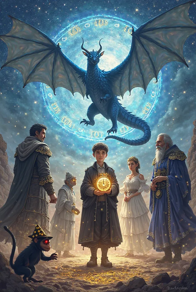 Epic Fantasy Book Cover Description:

A breathtaking, legendary book cover set in a mystical, time-infused world. At the center stands a brave young boy (Liam), holding a glowing golden pocket watch. He wears a long black coat, and his slightly glowing blu...