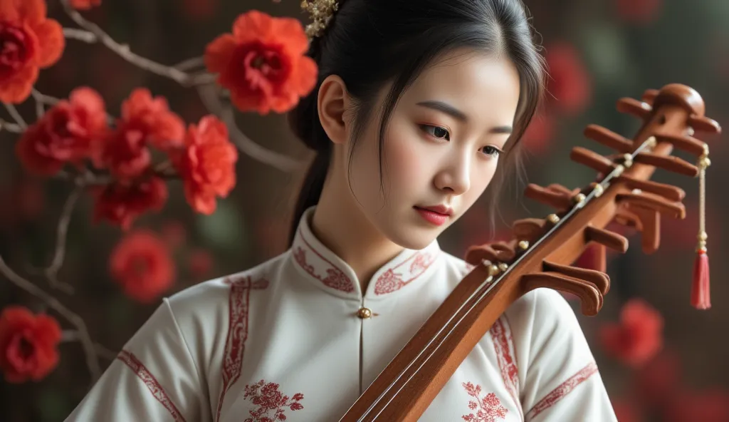 "A portrait of a young woman in traditional Chinese clothing, playing a zither instrument, with red flowers in the background, soft and natural lighting, focus on the woman's face and the details of the instrument."