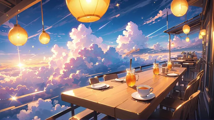 A floating café table set high above the clouds, bathed in warm sunlight. A steaming cup of honey lemon tea sits on the table, with golden honey dripping from the spoon. The clouds below are soft and fluffy, glowing with pastel pinks, blues, and warm yello...