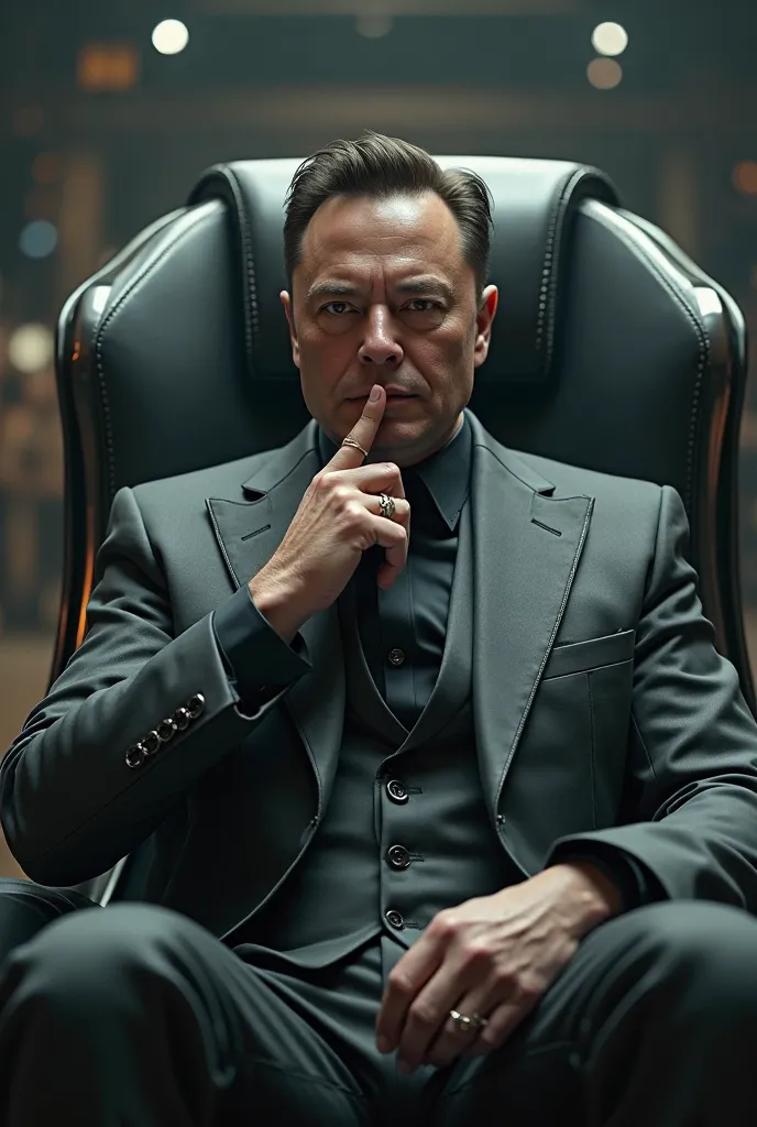 Elon musk as dr. evil, wearing a gray suit, sitting in a futuristic chair with his pinky finger on his lip, evil expression, cinematic lighting, high detail.