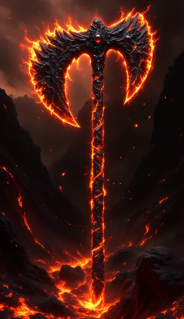 **The Infernal Reaver**

The Infernal Reaver is a massive, double-edged battle axe forged from volcanic obsidian and bound with veins of molten lava that glow like fiery arteries. Its blades are jagged and serrated, constantly radiating heat, capable of me...