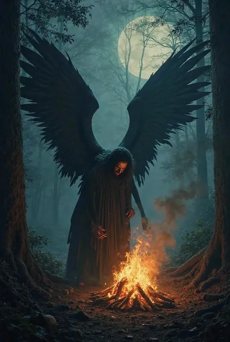 A man who has two wings and is coming his face is dark in the back it is the forest man who is burning and it is night 