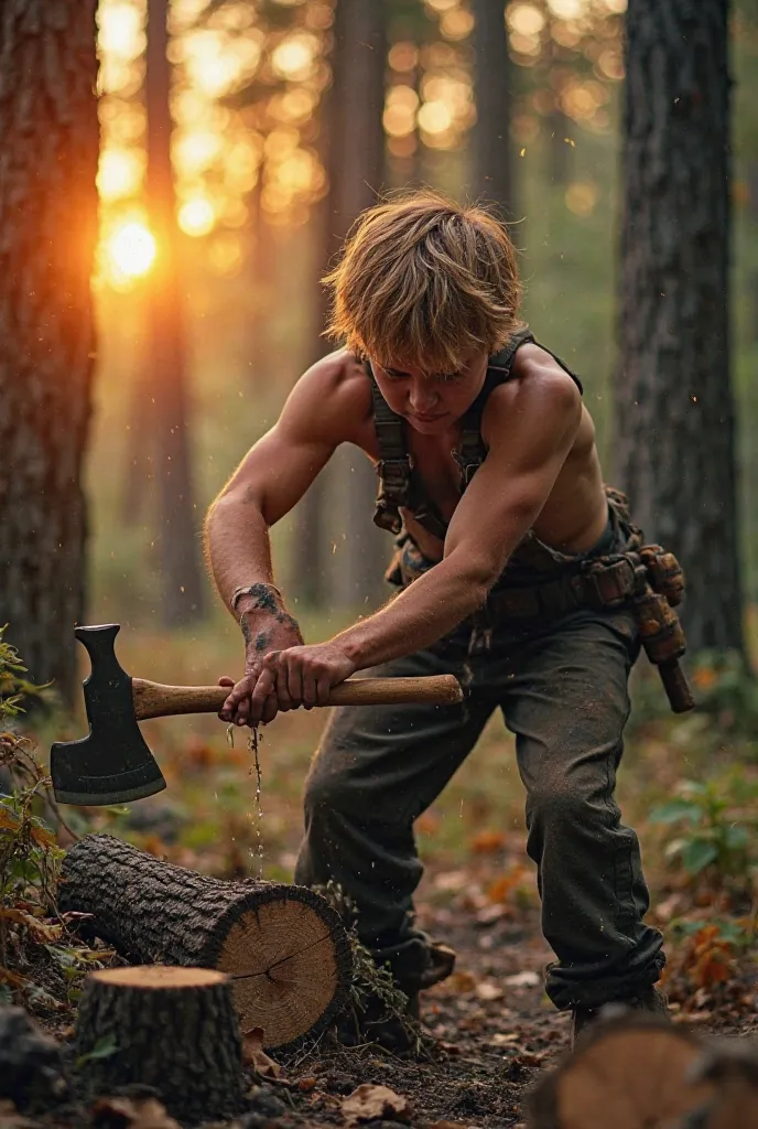 "A young, hardworking woodcutter with a simple, rugged outfit, chopping wood in a dense forest. He looks exhausted and frustrated as he struggles to cut through a thick tree trunk with his dull axe. The surroundings are full of tall trees, and the sun is s...