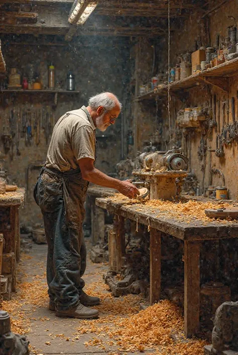 Create a messy wood lathe workshop with dirty air 