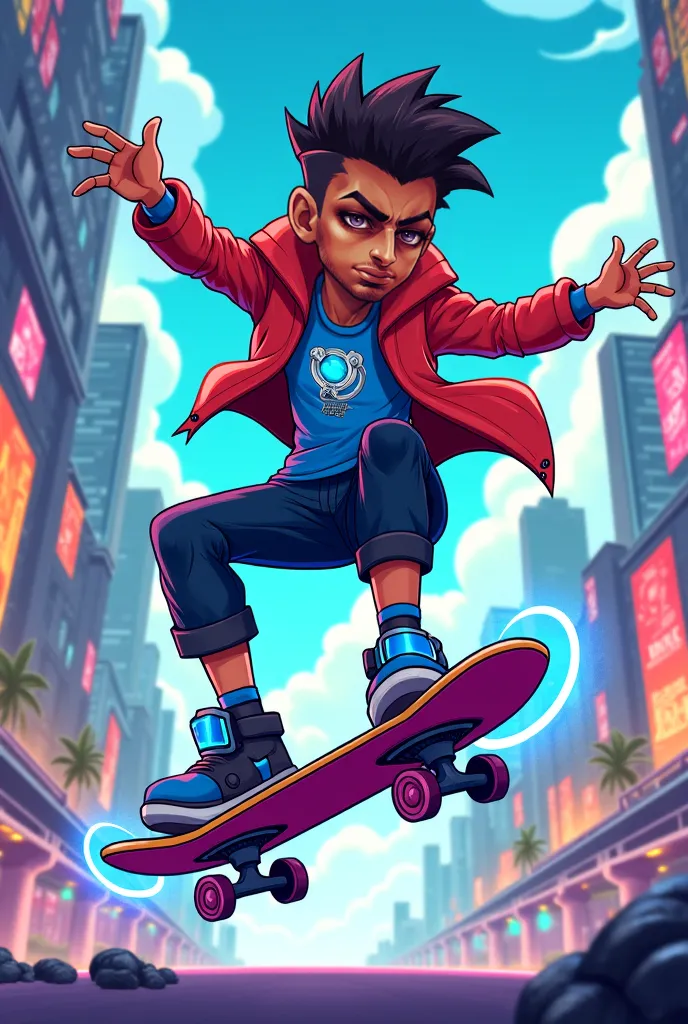 Create Ekko with his flying skateboard from Arcane League of Legend in cartoon format