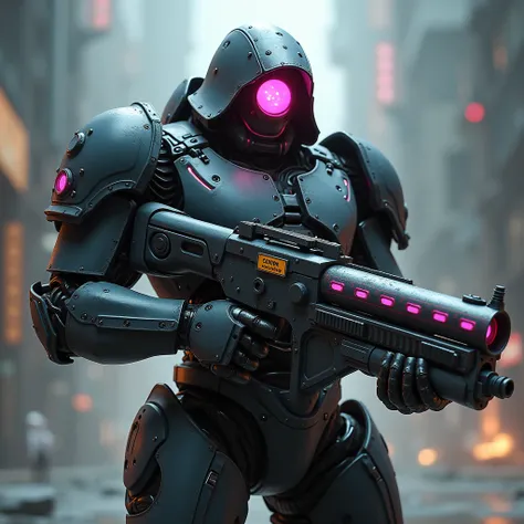 a futuristic, robotic humanoid character wearing a bulky, dark-colored armored suit with glowing pink highlights. The suit appears to be heavily reinforced, featuring large shoulder pads and a hood-like helmet with a circular, glowing pink visor. The chara...