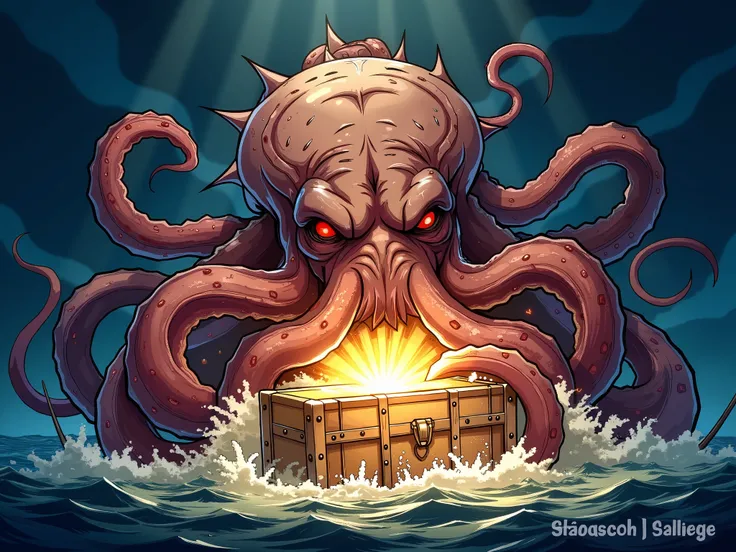 A colossal eldritch Kraken looms in the dark ocean, its massive tendrils gripping a shimmering gold treasure chest. The chest’s glow contrasts with the abyssal surroundings, casting an eerie light on the Kraken’s menacing yet majestic form. Drawn in a deta...