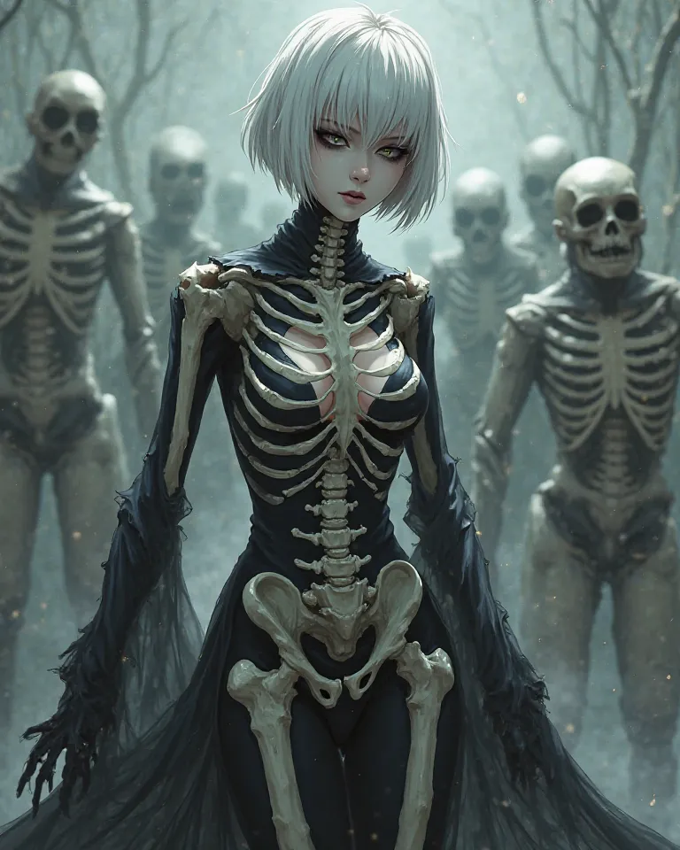 Character reference. A necromancy supervillain, an ethereal beauty, with pale ashen skin and striking cropped white hair. Her eyes are rimmed with dark makeup, giving her a haunting yet alluring gaze. She has a slender, lithe figure accentuated by her skel...