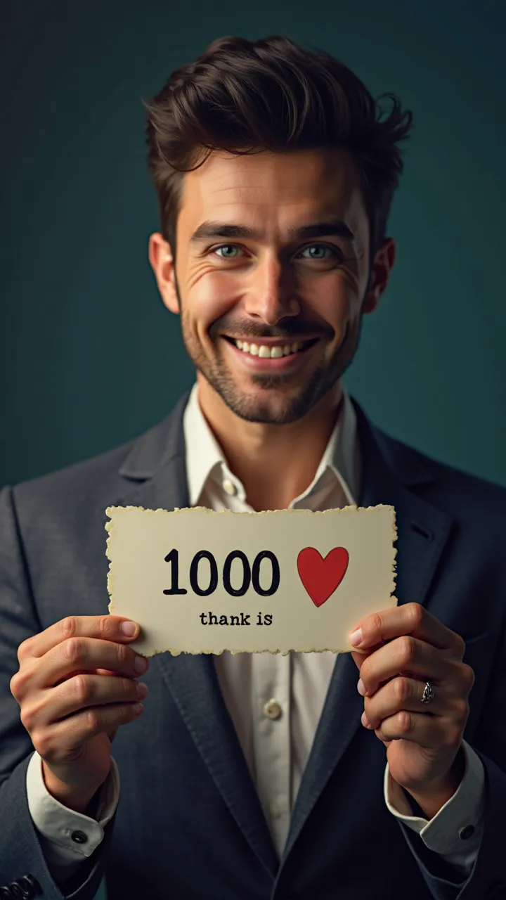 a handsome dark-haired man with blue eyes, holding the number 1000 and a note with the text "thank you" and a heart, 8K, hyperrealistic, detailed portrait, photorealistic, physically-based rendering, studio lighting, sharp focus, vivid colors, dramatic lig...