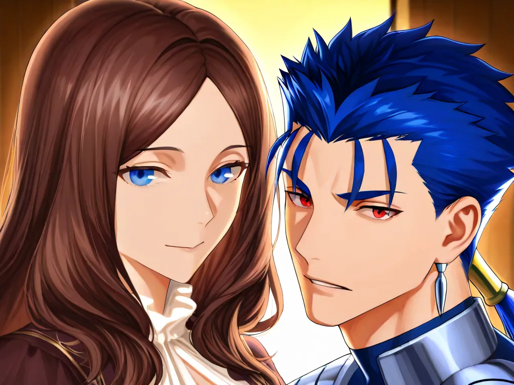 Cu_Chulainn(fate), blue_hair, red_eyes, Leonardo_da_vinci(Fate), Brown_hair, Blue_eyes, 1boy, 1girl,