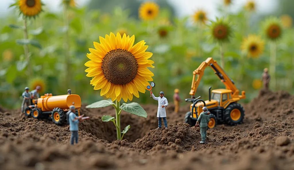 A team of ((realistic human miniatures)) is working together to plant a massive sunflower seed in a freshly dug hole. Some workers use tiny shovels and hoes to adjust the soil, while others operate a miniature crane to lower the seed into place. A tiny wat...