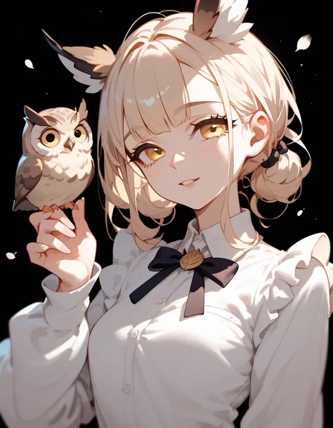 Owl Girl,white long sleeve shirt,Light cream hair,In light yellow eyes,Black Background,Bar Girl 