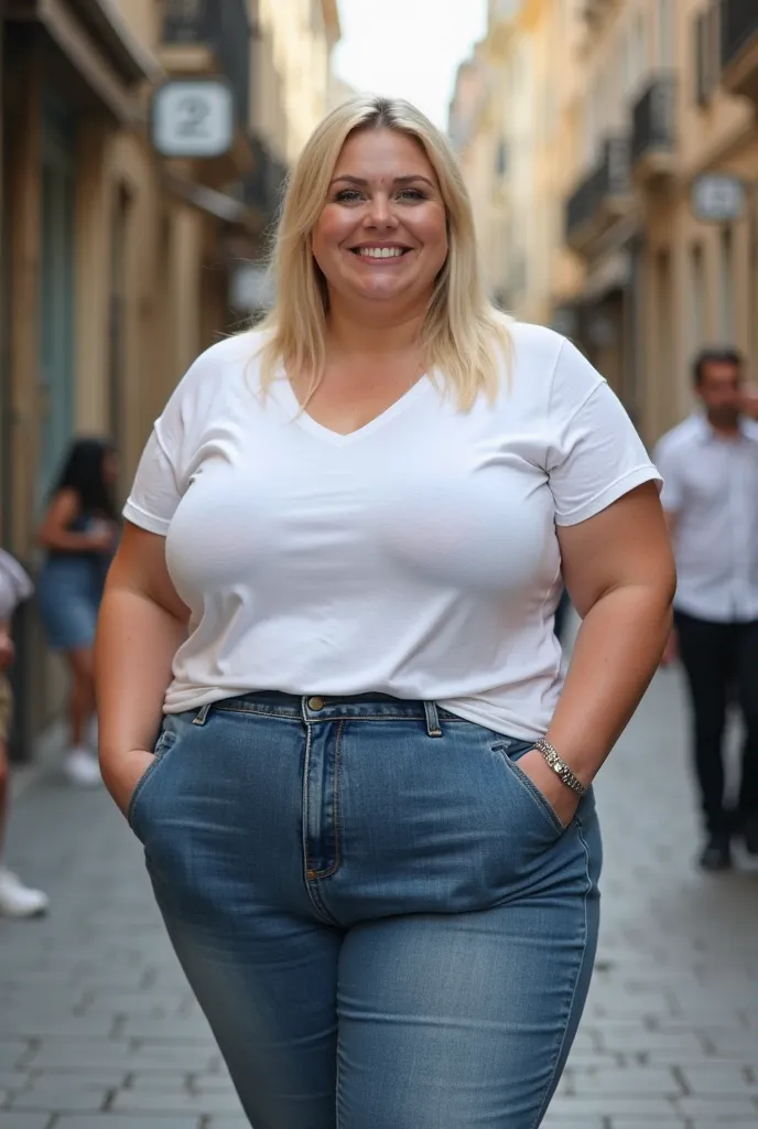 A beautiful morbidly obese busty blonde straight-haired blue eyed woman resembling like a French cinema actress, 21 years old, wearing white t-shirt, and denim trousers, having humongous and enormous tits, fat voluptuous and flabby arms, fat elbows, highli...