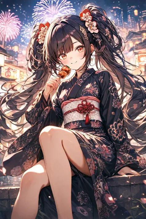 masterpiece,Best Quality,Super Detail,8k,one girl　is sitting　cute smile up to the knee　gray pigtails　 Big Flower Hair Ornament 　yukata　Holding takoyaki　 Fireworks　Riverbank　Riverbank　glitter effect　 dark night