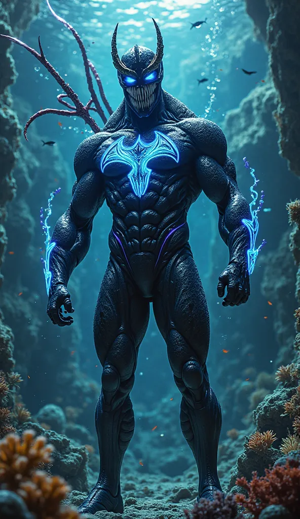 "A hyper-realistic and menacing fusion of Aquaman and Venom, creating the 'Deep Symbiote.' The character stands in a dynamic pose, wearing a sleek, black, and scaly suit that combines Aquaman's armor with Venom's symbiote texture. The suit has glowing blue...