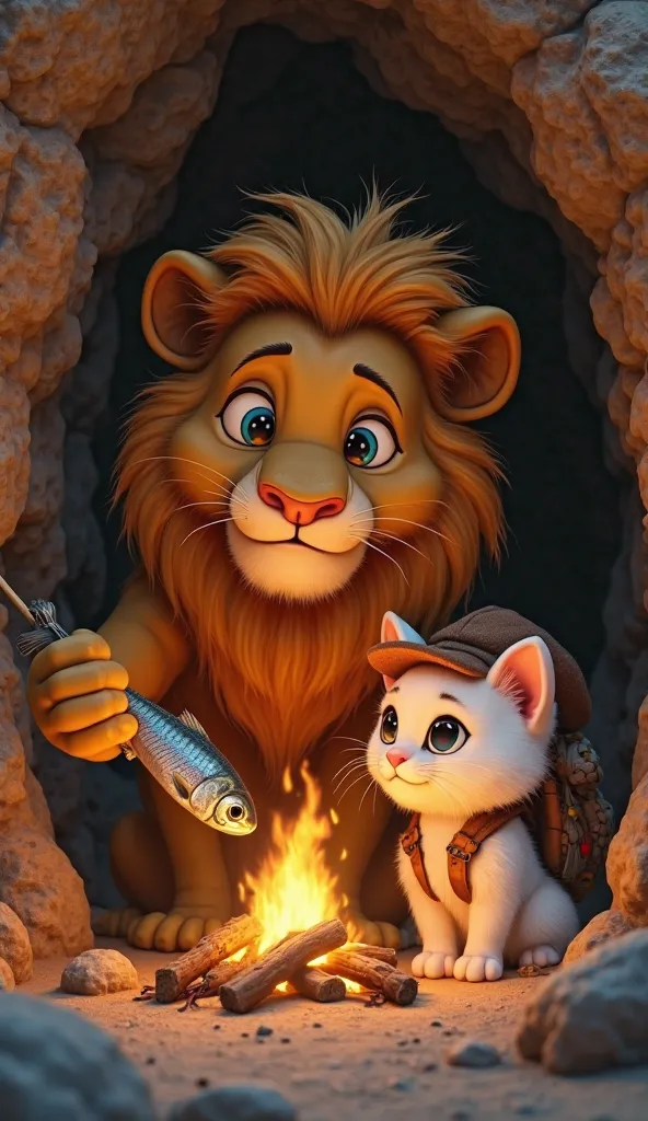 Inside a cozy cave, a majestic lion with a thick golden mane carefully holds a stick, roasting a fresh fish over a small crackling fire. The lion's expression is focused yet gentle as the warm firelight flickers against the cave walls. Beside it, a tiny fl...