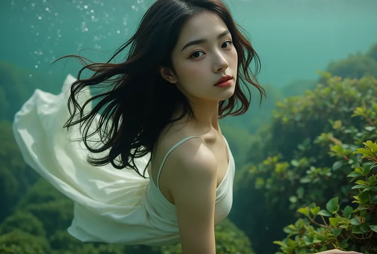 best quality,ultra-detailed,realistic,swimming, messy hair,flowing dress,sea of kelpweed,beautiful detailed eyes,beautiful detailed lips,underwater light,portrait,soft colors,long hair,ebony hair,curly hair,vivid greens,water reflections,graceful posture,n...