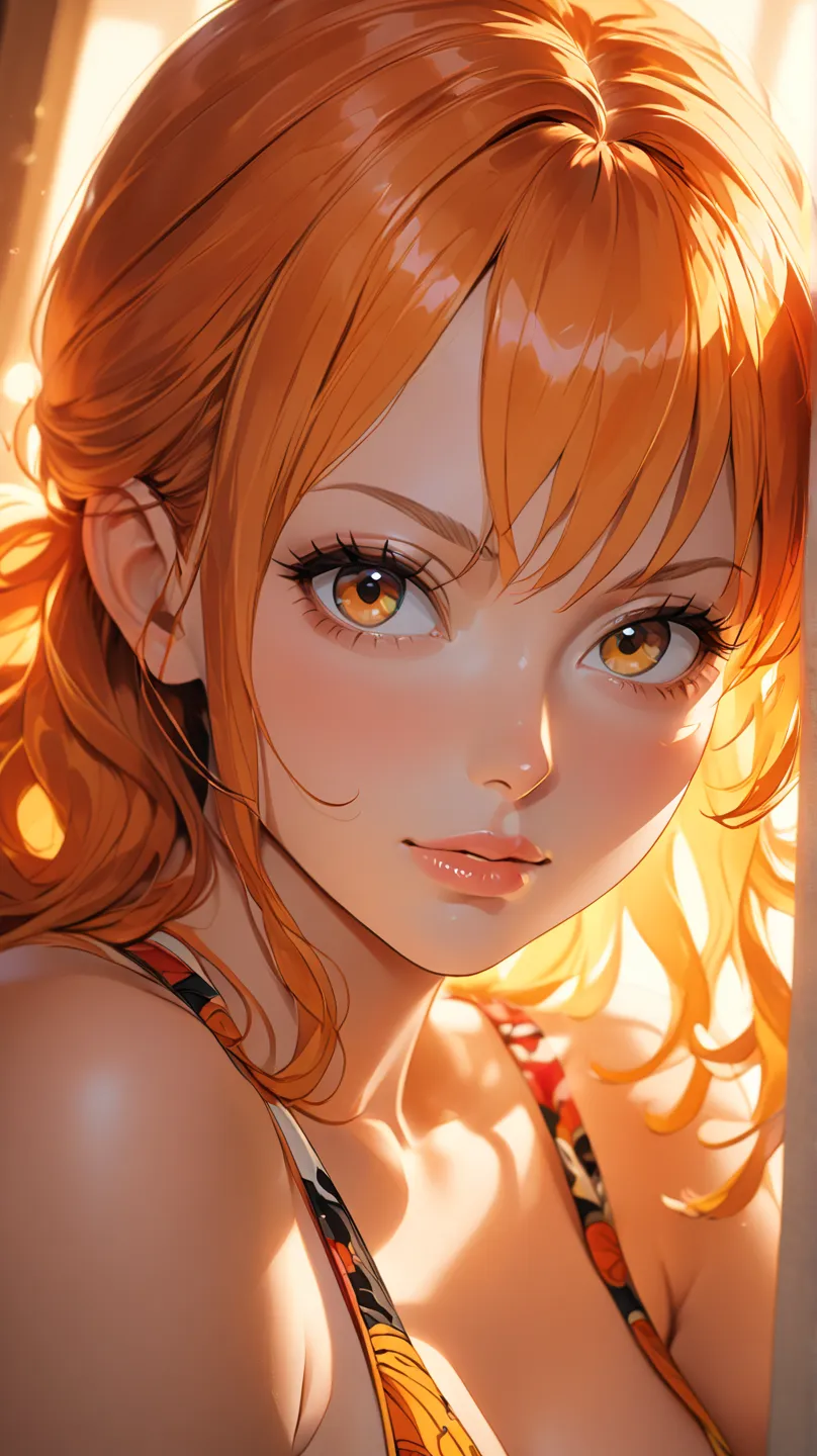 nami from one piece, hyper realistic face model, bikini, night, warm tube light, bedroom, ultra realistic