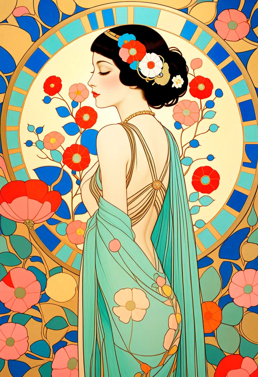 Masterpiece Paintings, wonderful,  Graceful and sensual woman ,   Gustav Klimt  :   art nouveau style , George Barbier  : Art Deco style,   flat illustration  , looks sleepy, {{kiss, Open back, Paul Klee:   Abstract Style  ,  beautiful Japanese woman, from...