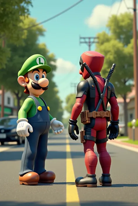 **"A 3D semi-realistic image of Luigi from Super Mario standing in a suburban street during broad daylight, handing a small Super Mario mystery box to Deadpool. The focus is on Luigi, zoomed in, with his classic green outfit, mustache, and a slightly puzzl...