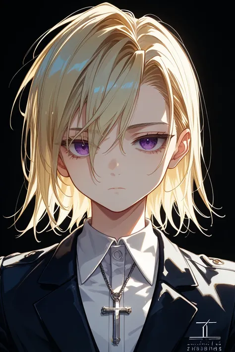 masterpiece, highest quality, hair intakes, Anime style, only one woman, tall stature, white background, ((center part)), ((blond medium hair)), flat chest, (((Levi's bangs))), fuchsia purple eyes, Delicate neutral princess , looking at viewer, Break squar...