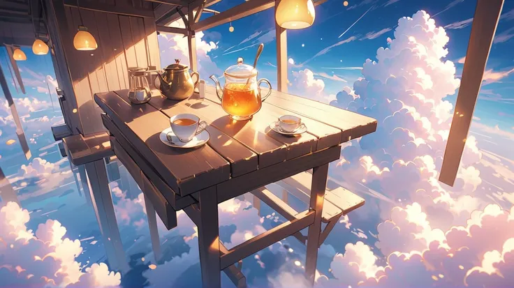 A floating café table set high above the clouds, bathed in warm sunlight. A steaming cup of honey lemon tea sits on the table, with golden honey dripping from the spoon. The clouds below are soft and fluffy, glowing with pastel pinks, blues, and warm yello...