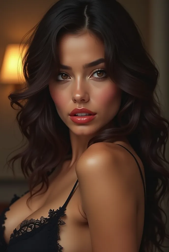 Create an ultra-realistic portrait of an irresistibly beautiful woman with a striking appearance and a stunning body. Her features are mesmerizing, with a seductive gaze and inviting lips. Her body is perfectly sculpted, with captivating curves that immedi...