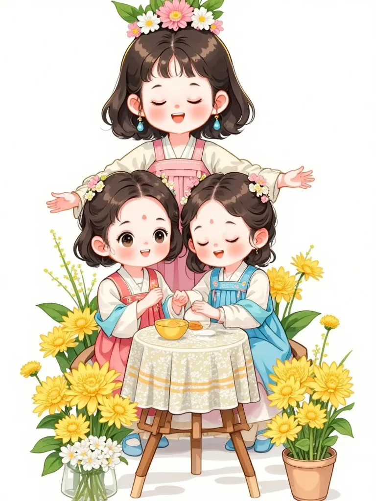     Three cute girls    ，full body，May Botham，chrysanthemum，Three cute girls sitting around the table