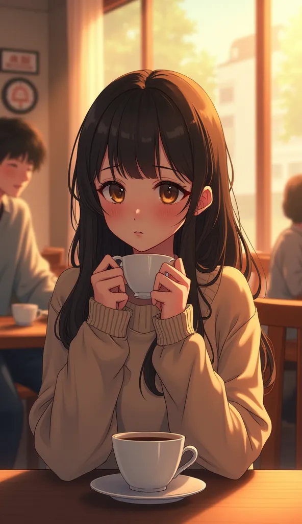 A beautifully detailed anime-style illustration of a 23-year-old woman standing alone in a quiet café, her hands wrapped around a warm cup of coffee. She has long, slightly wavy brown hair and wears a soft beige sweater, her deep eyes reflecting sadness as...