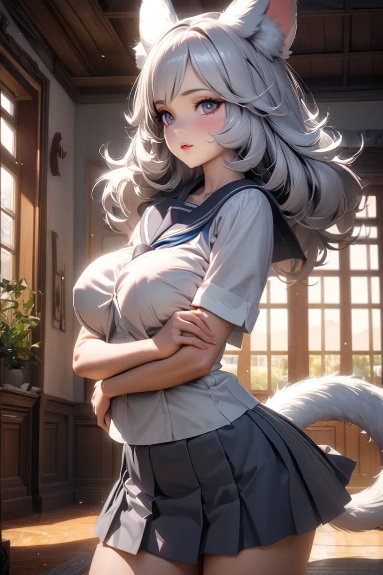  Silver Hair、 Beast Man　Fluffy's ears and tail
indoor　Big Tits 1 Girl　womanhood
school uniform