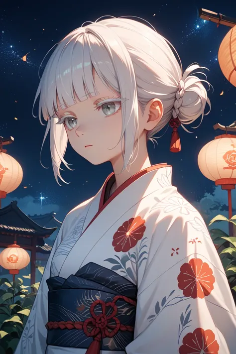 masterpiece, best quality, ultra detailed. 1girl, white hair, short bun hairstyle , blunt ends, white kimono, amaryllis print, night sky, clear eyes, white eyelashes