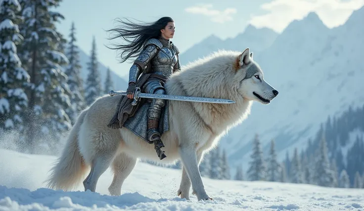  Optimal prompt for AI :
* “In a mystical winter setting ,  a powerful female warrior riding on the back of a giant white wolf .  She wears metallic armor and fur in an evocative Nordic style ,  exalts her wild beauty and strength .  Long black hair flutte...