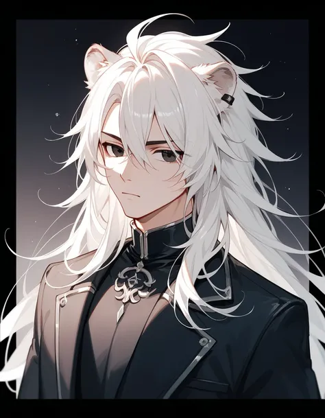 man, white hair, long hair, lion ear, in black eyes, Black Coat,เสื้อยืดลายสาวน้อย lion ear,Frowning face,thin, black eye border,sleepy,standing,