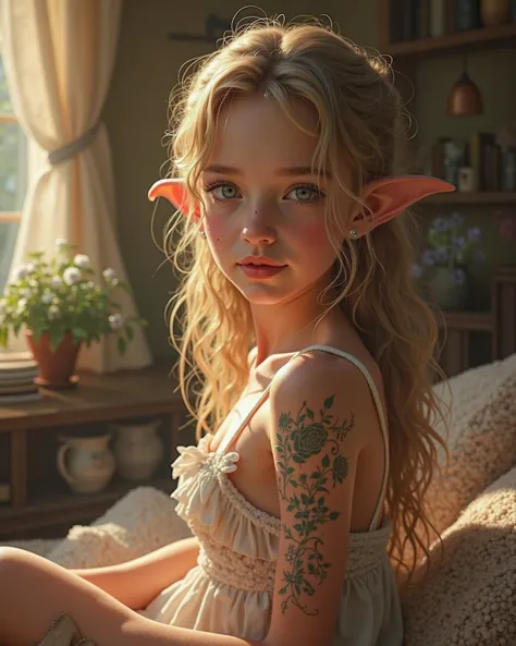 Cute beautiful elf girl in a tattoo in a sundress at home