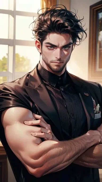 (    best quality,4K,8k,       highres,    masterpiece :1.2),    ultra-detailed    ,(Realistic,photoRealistic,photo-Realistic:1.37),36-year-old man,3 day beard,Beautiful anime,Portraits,strong,masculine,        with black hair  ,sharp jaw,             mesm...