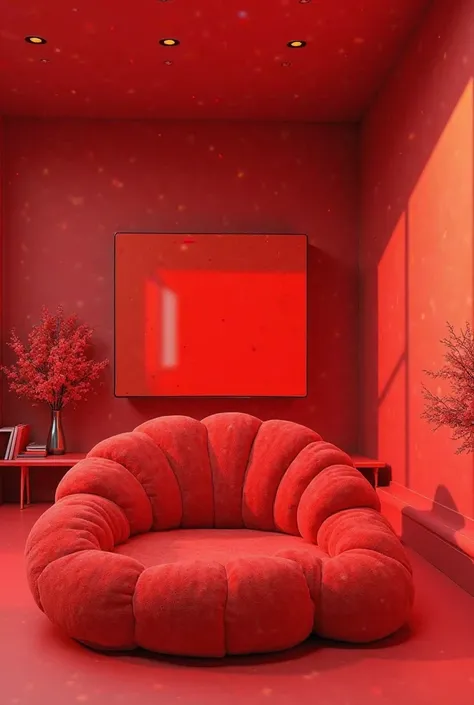 In my house in the gay room a big red sofa ,in the shape of a pink heart and in front of it is the giant red TV, to the left of the gay TV and a big red table

