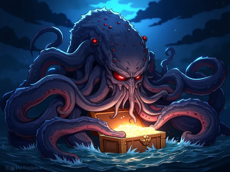 A colossal eldritch Kraken looms in the dark ocean, its massive tendrils gripping a shimmering gold treasure chest. The chest’s glow contrasts with the abyssal surroundings, casting an eerie light on the Kraken’s menacing yet majestic form. Drawn in a deta...