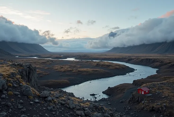 A sweeping Icelandic landscape with a winding river cutting through volcanic terrain. The horizontal format captures vast open space with low-hanging clouds stretching across the frame. A small red cabin sits in the middle ground, providing scale to the ex...