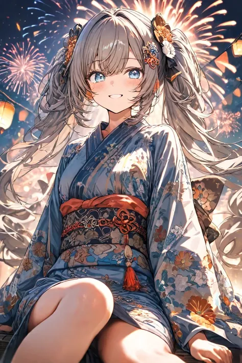 masterpiece,Best Quality,Super Detail,8k,Right facing　one girl　is sitting　cute smile up to the knee　gray pigtails　 Big Flower Hair Ornament 　yukata　cotton candy　 Fireworks　Riverbank　Riverbank　glitter effect　 dark night