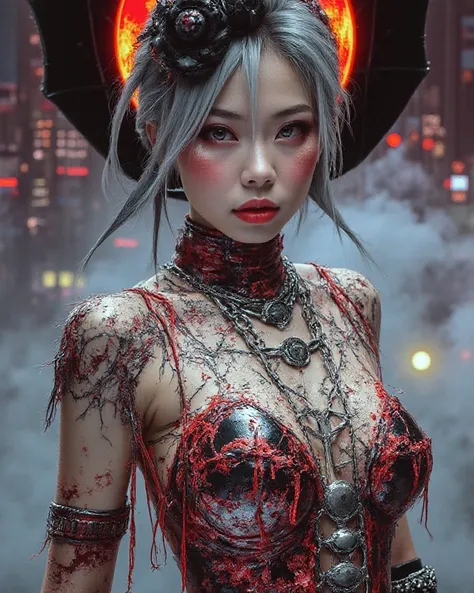 ,(( bare shoulders )), ((Men in mini skirts,)),  Asian girl. Gray hair, red eyes at the corner of her mouth, she had fangs protruding slightly on both sides, and then there was a bloody discharge from her nose, mouth. (Black and red dress) (Her two hands w...