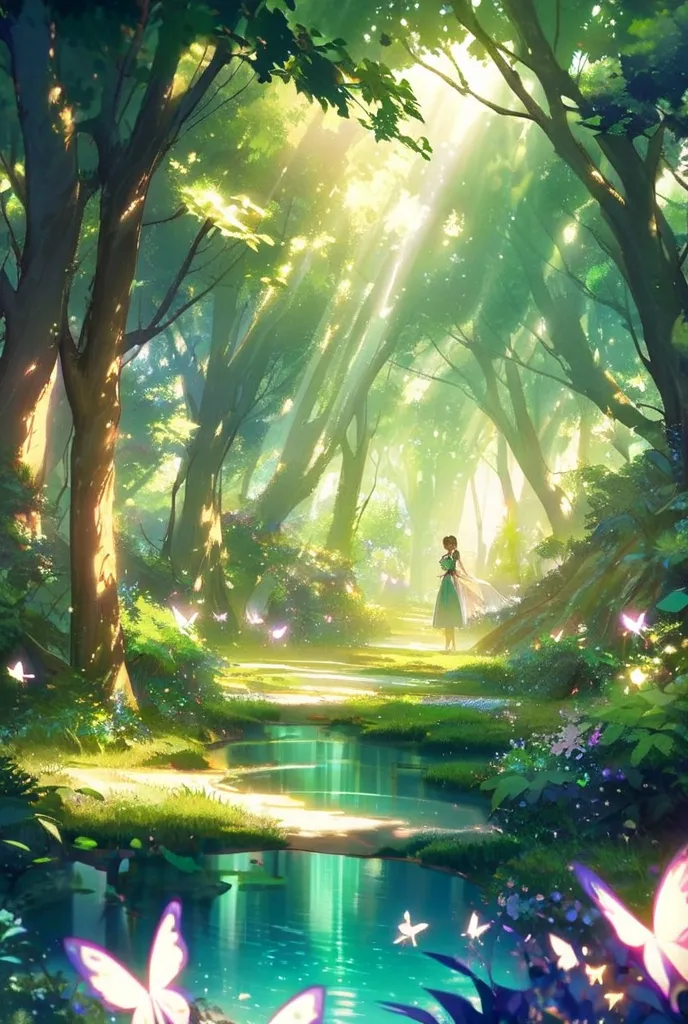 Anime Background of garden forest sparkle with many little little Butterfly. Sunlight is beautiful passes through trees leaf 
