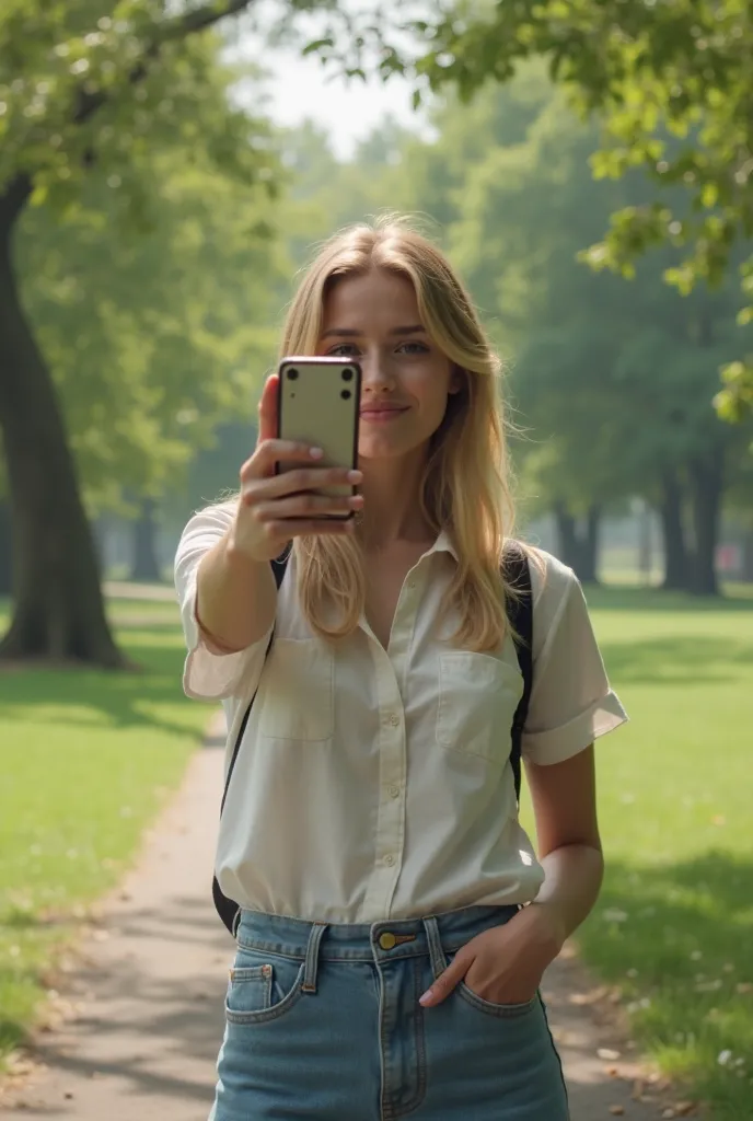 blonde girl, ordinary appearance in the park, the face is half covered by the phone, stomt in full height age 24 years, realistic photo, the photo is made on the phone, the quality is average