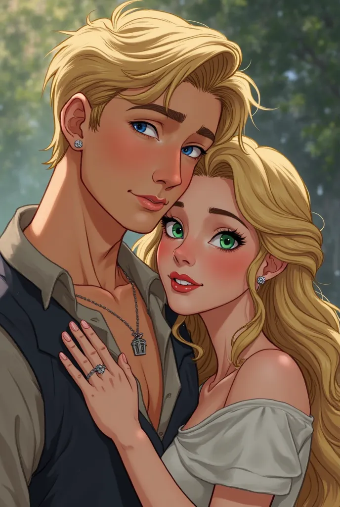 Take me a picture in Disney style with a blond man who has 2 piercings on his lip and a note key on his neck as a tattoo. The man has blue eyes , He holds a blonde woman with green eyes and septum piercing nose ring in his arms. The woman is holding a   wi...