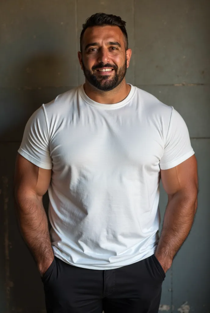 Realistic image of a 45-year-old Moroccan male, massive bodybuilder who is 10 kilos overweight, muscle bulky Man,tall size , brown hair with a comb over cut, 3 day beard,He wears a white shirt , black pants, the image is a photo of his face in the foregrou...