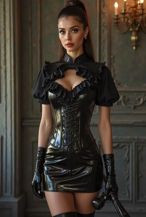 8K, Ultrarealistic, gorgeous posh Trinity, super sportive fit body, strictly straight up tied high ponytail, collar, posh Mistress, Fetish BDSM Dominatrix, wearing Latex shirt with short sleeves and ruffles, She wears a tight fitted laced shiny black latex...